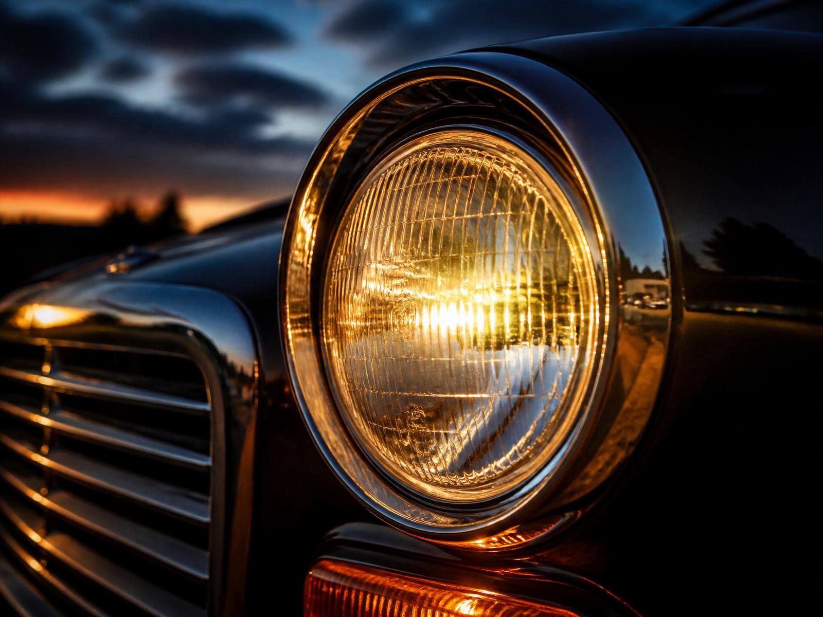 Restored headlight glowing at dusk